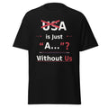 Black T-shirt with USA crossed out and bold text
