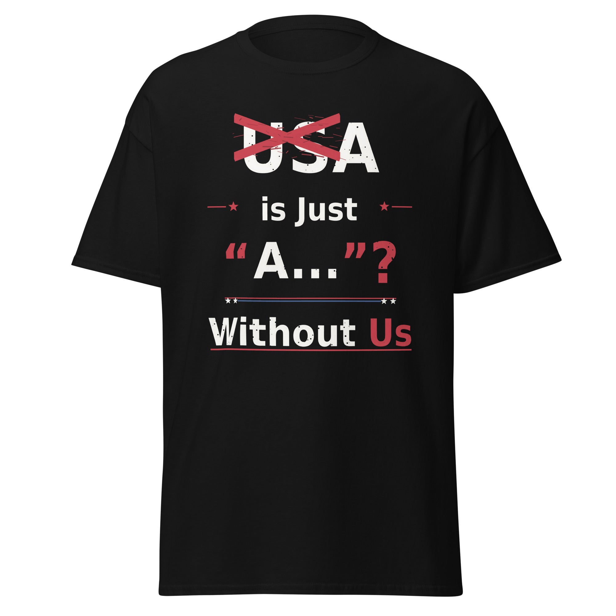 Black T-shirt with USA crossed out and bold text